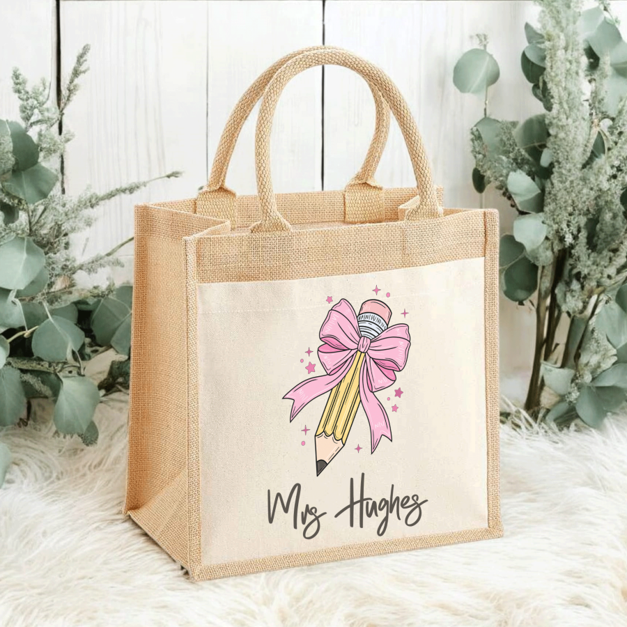 Personalised Teacher Jute Tote Bag Blush Bow Pencil
