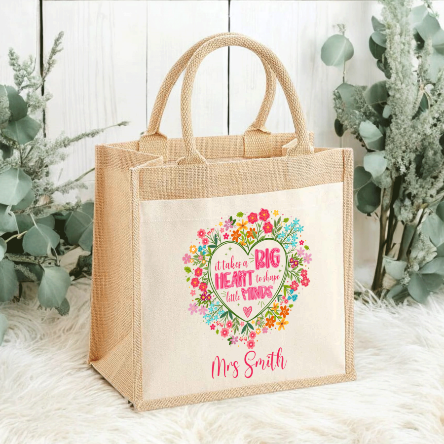 Personalised Teacher Jute Tote Bag - Big Heart, Little Minds