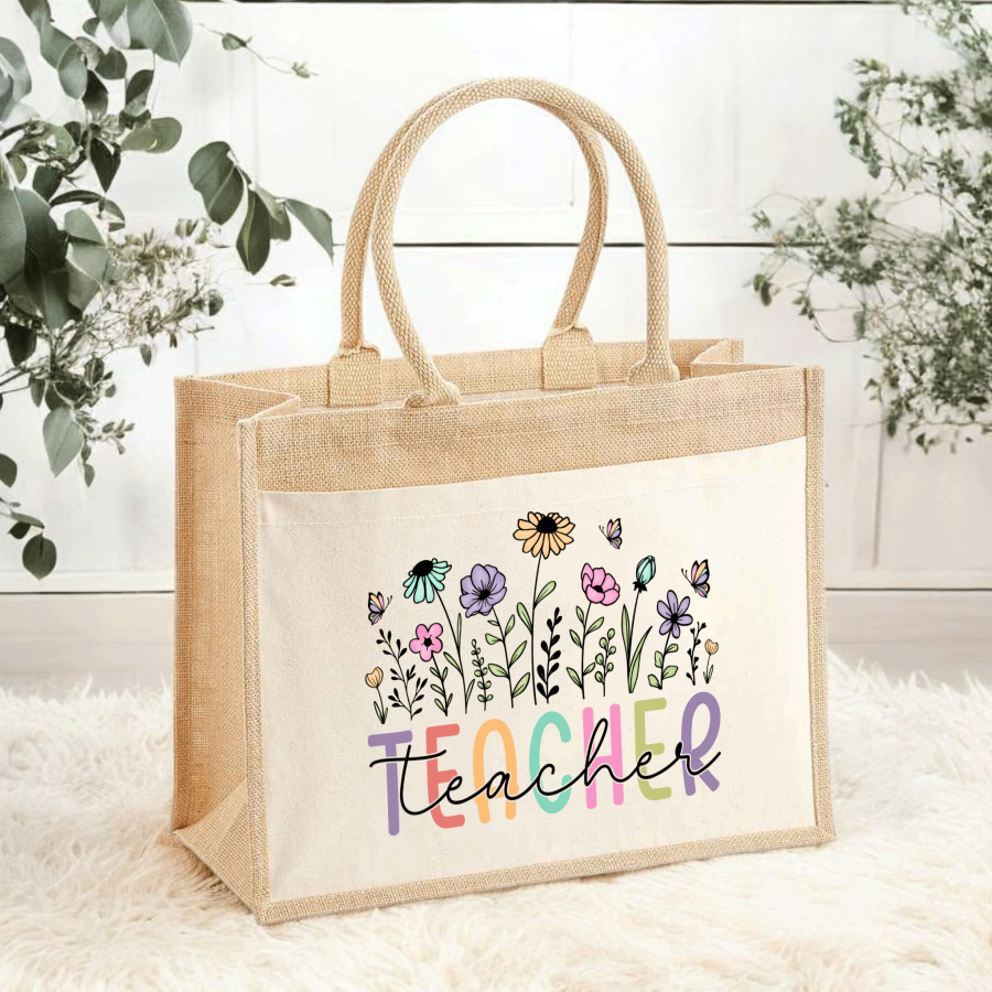 Pastel Teacher Jute Tote Bag - Wildflower Whisper