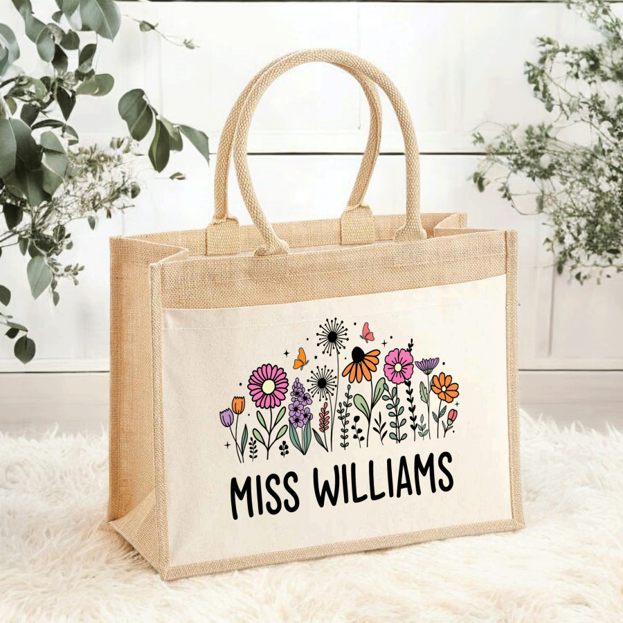Personalised Teacher Jute Tote Bag - Wildflower Meadow