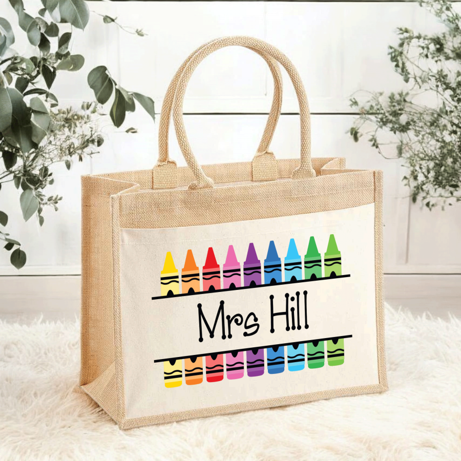 Personalised Teacher Jute Tote Bag - Crayon Brights