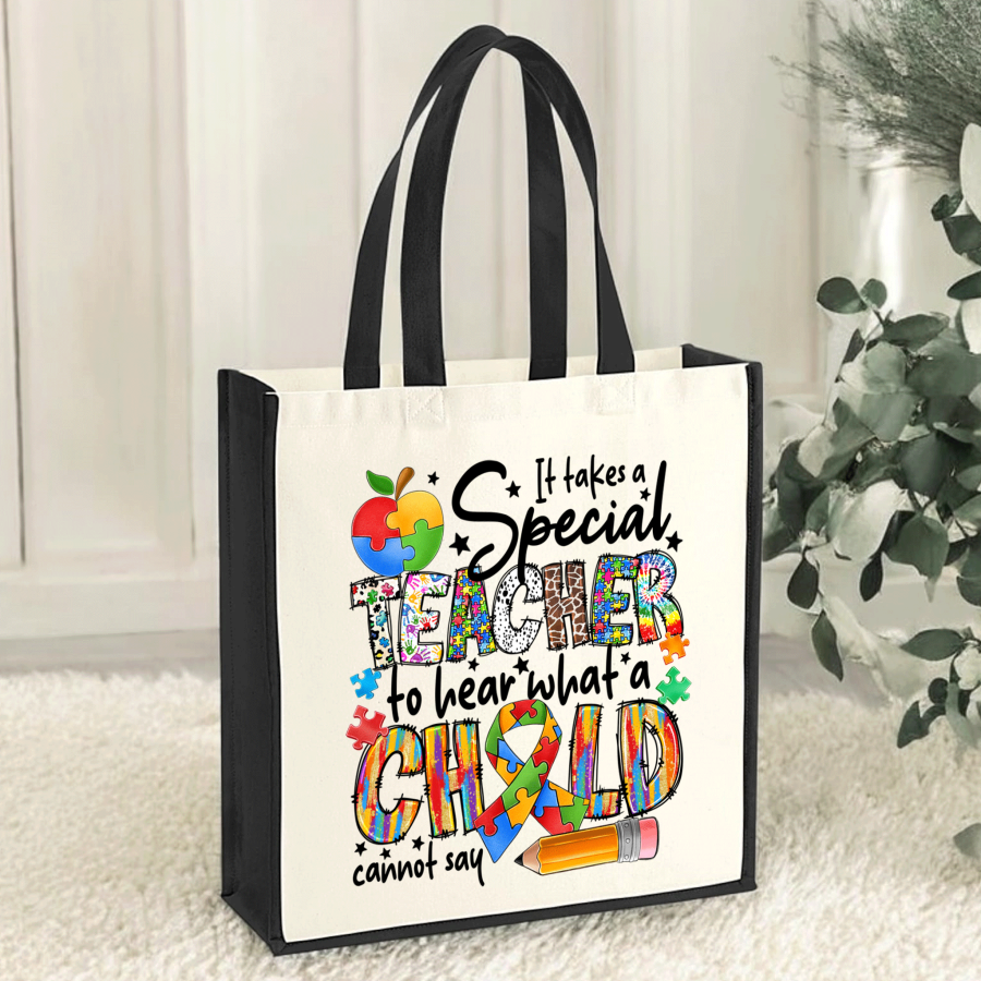 Puzzle Heart Teacher Tote Bag – “It Takes a Special Teacher” Quote Bag