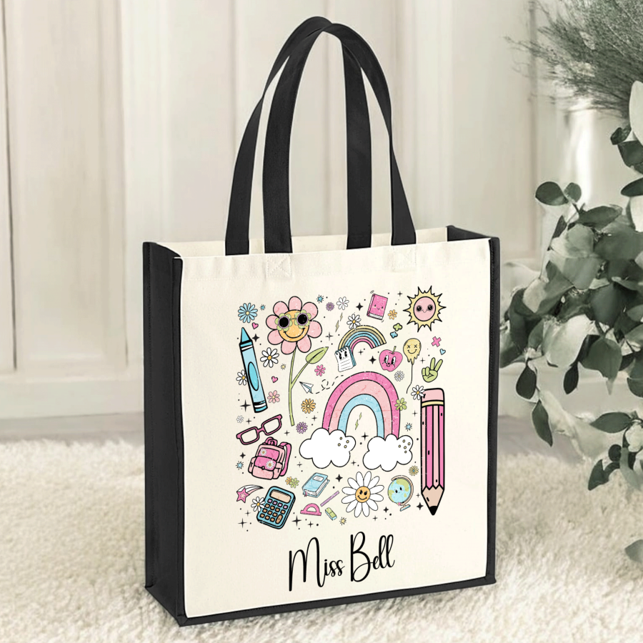Personalised Teacher Tote Bag - Pastel Doodle Rainbow