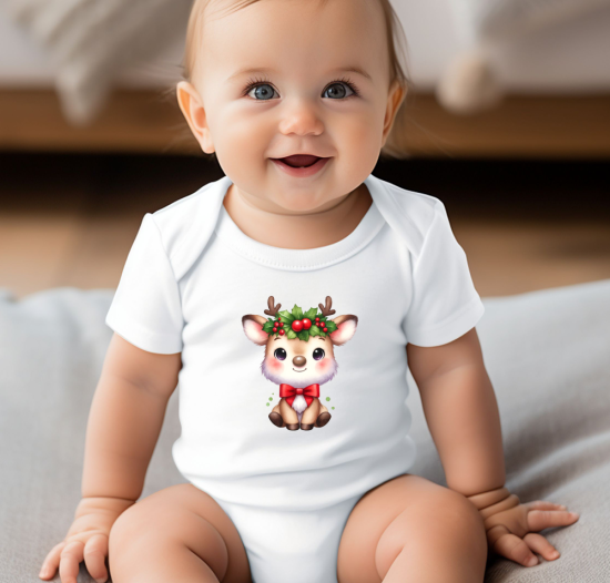 Christmas Baby Bodysuit with Cute Sitting Reindeer Design