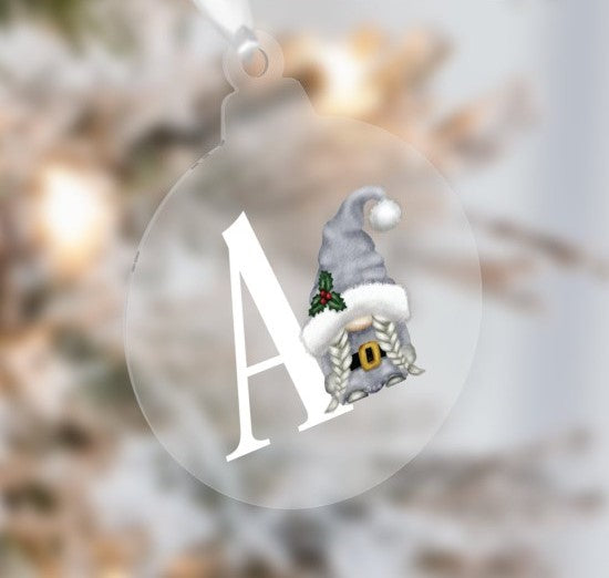 Personalised Initial Christmas Bauble with Grey Gnome Design
