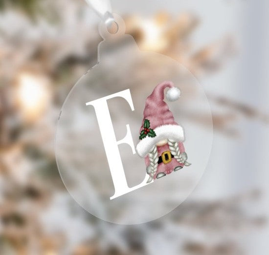 Personalised Initial Christmas Bauble with Pink Gnome Design