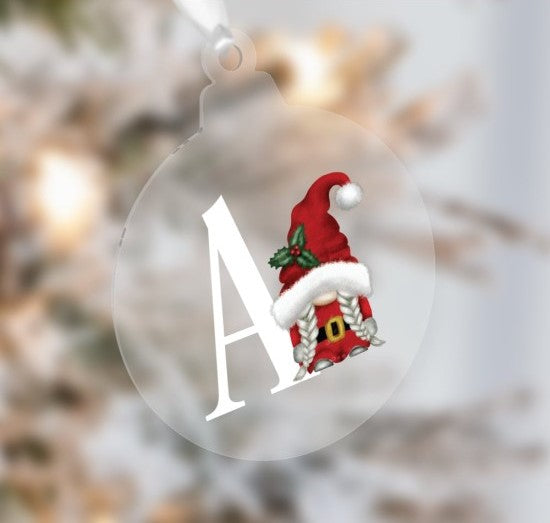 Personalised Initial Christmas Bauble with Red Gnome Design