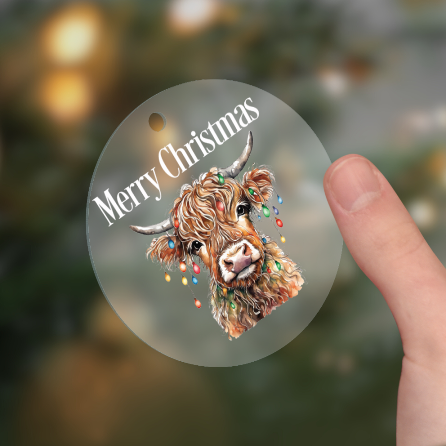 Merry Christmas Highland Cow Bauble with Festive Cow Design