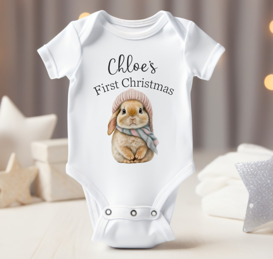 Personalised Baby Bodysuit with My First Christmas Bunny Design