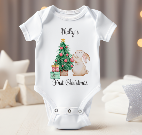 Personalised Baby Bodysuit with My First Christmas Bunny & Tree Design