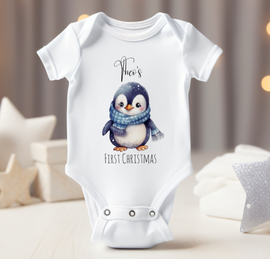 Personalised Baby Bodysuit with My First Christmas Penguin Design