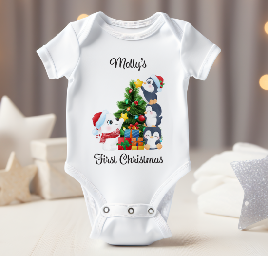 Personalised Baby Bodysuit with My First Christmas Penguin & Tree Design