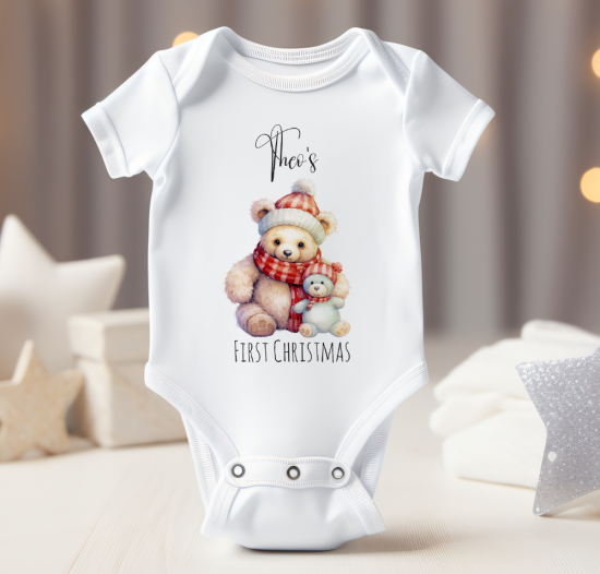 Personalised Baby Bodysuit with My First Christmas Teddy Design