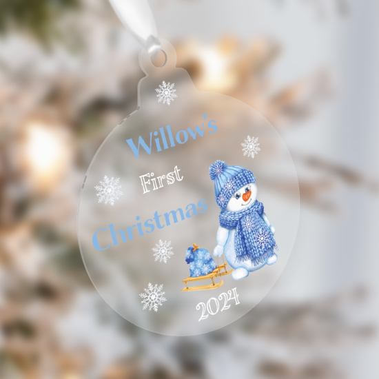 Personalised Baby’s First Christmas Bauble with Blue Snowman & Sleigh Design