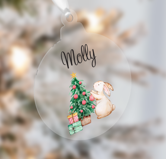 Personalised Bunny & Christmas Tree Bauble with Cute Woodland Design