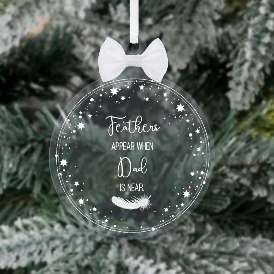 Personalised “Feathers Appear When Dad is Near” Star Border Memorial Bauble