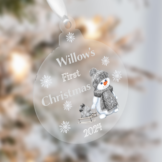 Personalised First Christmas 2025 with Grey Snowman Bauble