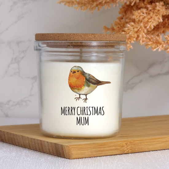 Personalised Christmas Candle with Merry Christmas Robin