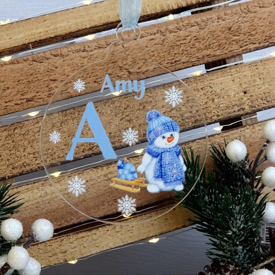 Personalised with Blue Snowman Monogram Christmas Bauble