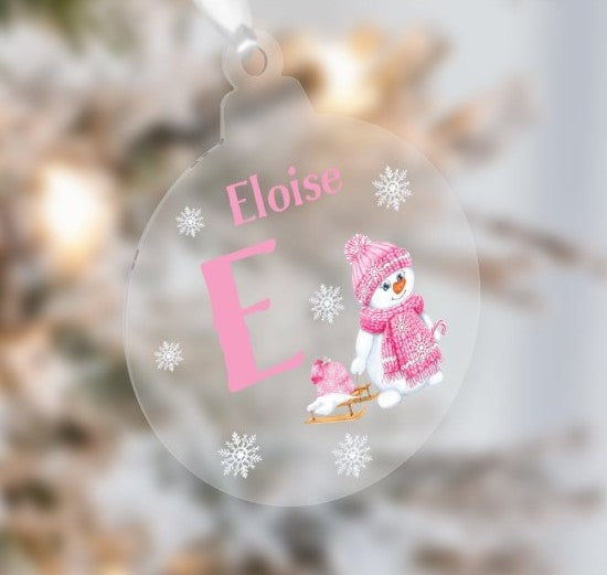 Personalised Pink Snowman Monogram Christmas Bauble
