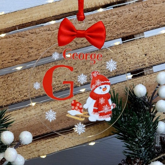 Personalised Red Snowman Monogram Christmas Bauble