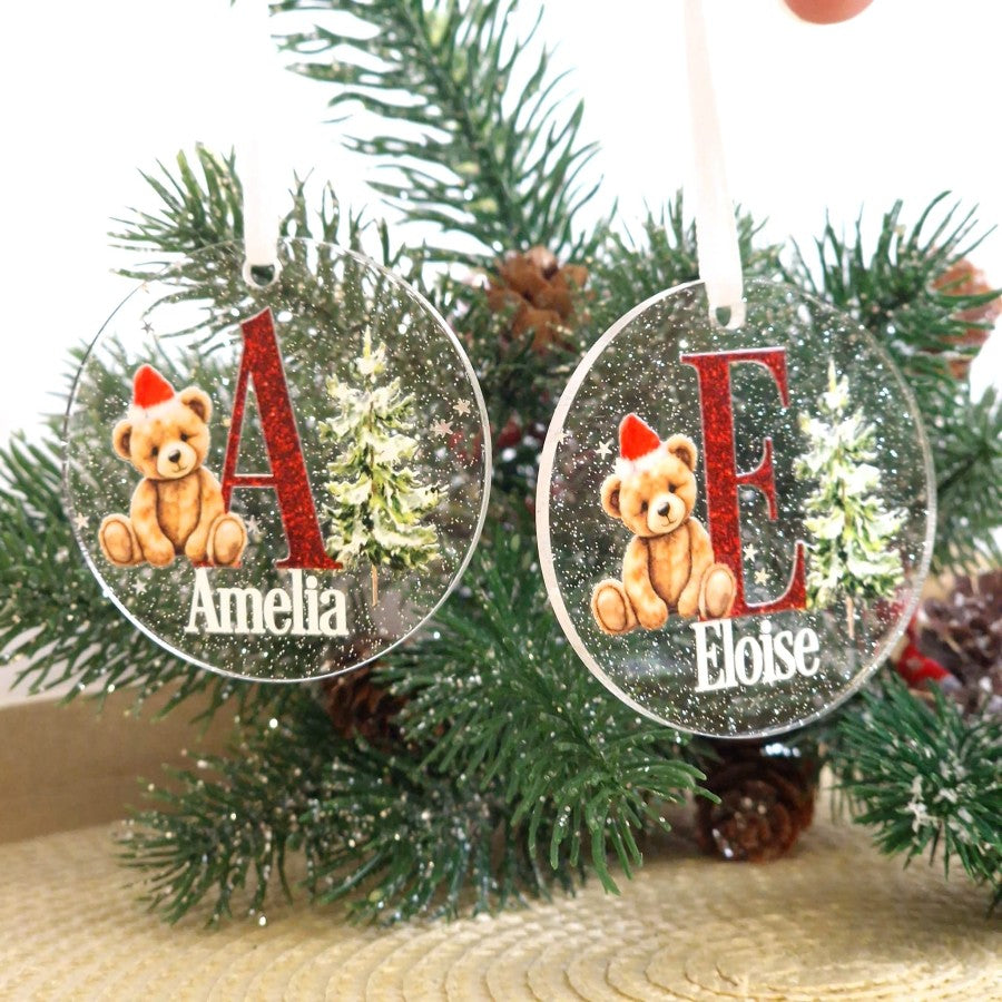 Personalised Santa Teddy & Tree Monogram Christmas Bauble