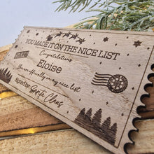 Load image into Gallery viewer, Personalised &amp; Engraved Nice List Ticket Oak Veneer Tag
