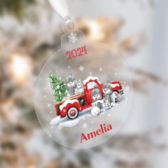 Personalised Red Truck Snowman Family Christmas Bauble