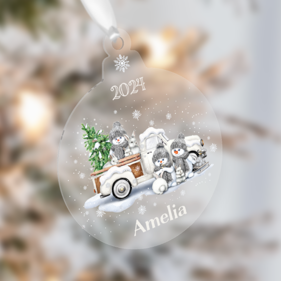 Personalised White Truck Snowman Family Christmas Bauble