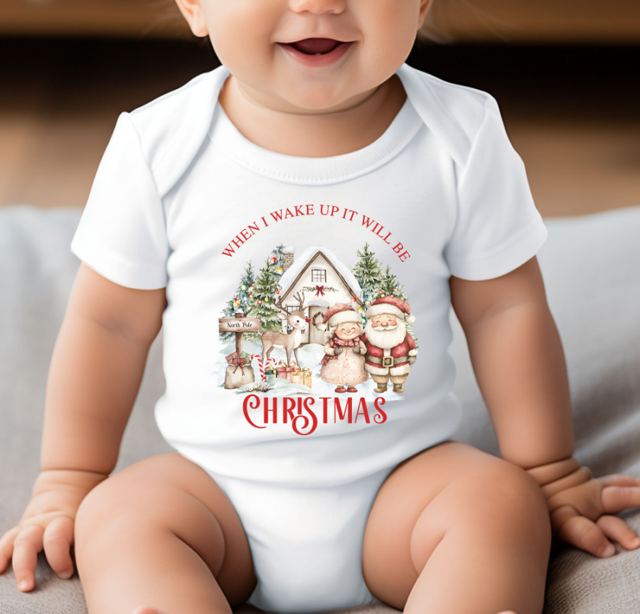 When I Wake Up It Will Be Christmas Baby Bodysuit with Santa & Mrs Claus